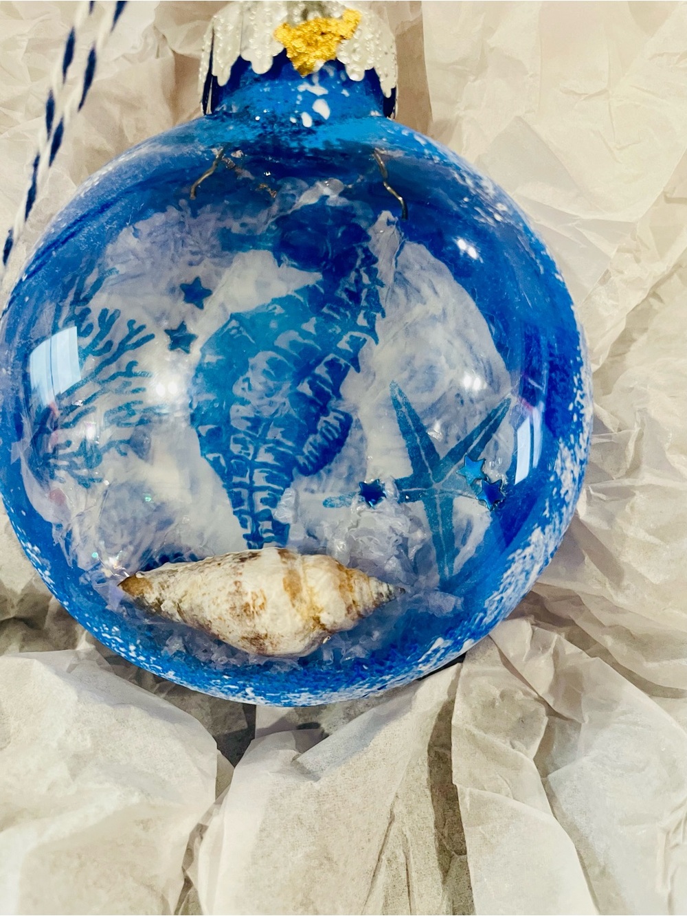 Hand Crafted Blue Glass Sea Life Holiday Ornament